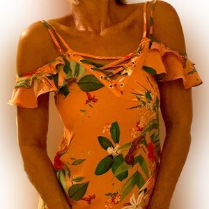 Express hot peach floral off shoulder spaghetti strap top size S